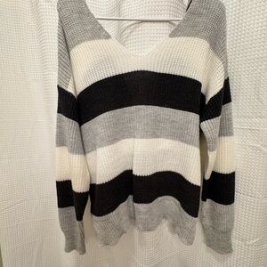 Striped V-Neck Sweater - Gray, Black, and Cream White